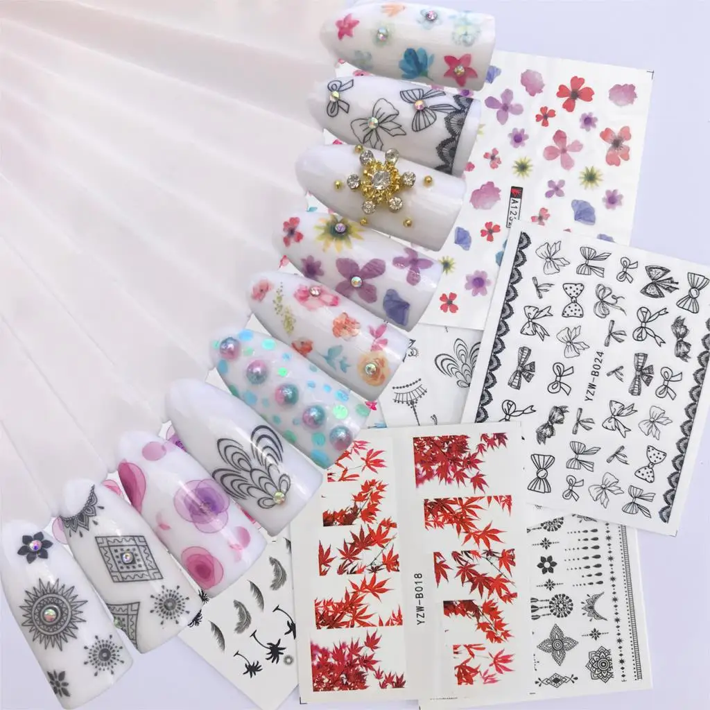 

YWK 1 Sheet Water Decals Nail Art Stickers Black Necklace 2019 New Designs Watermark Transfer Colorful Flowers Manicure