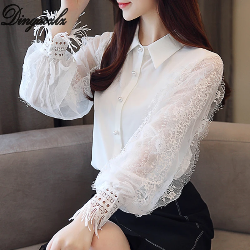 

Dingaozlz Fashion Chiffon lace shirt 2018 New Lantern sleeve Patchwork Women blouse Tops Casual Crochet Beaded White shirt