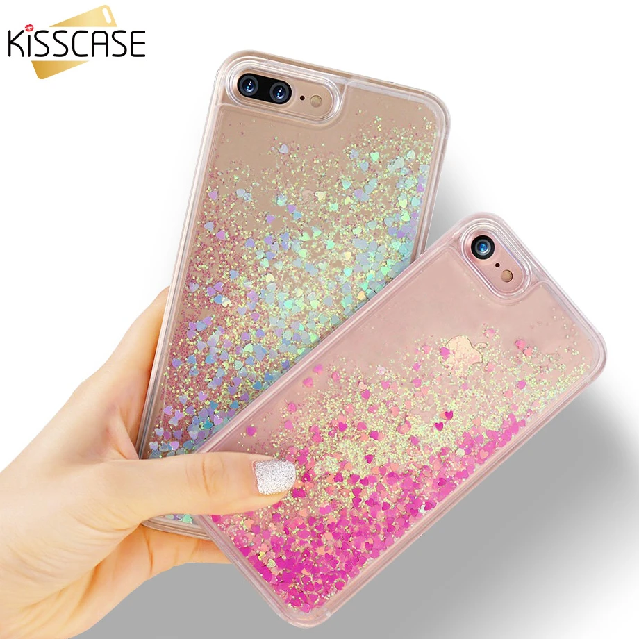 

KISSCASE For iPhone 5 6 6S 7 Plus Case Transparent Coque Glitter Flowing Heart Quicksand Protective Cover For Samsung S5 S6 Edge
