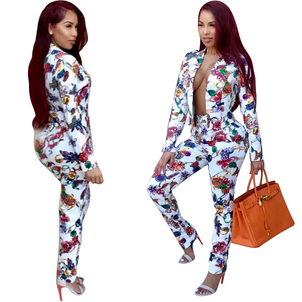 

Hot selling style ladys' autumn and winter VOGUE casual printing with flowers 2 piece dress