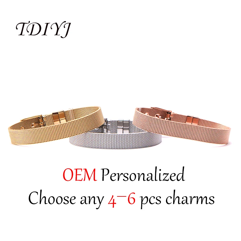 

TDIYJ New Collection Women Stainless Steel DIY Personalized Customized Keeper Mesh Bracelet 4 to 6Pcs Slide Charms to Choose