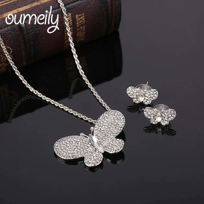 

Wedding Jewellery Sets for Women Silver Gold Color Dubai Butterfly Necklace Set Costume Austrian Imitation Crystal Jewelry Set