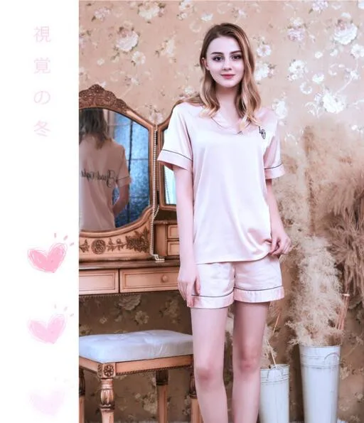 Champagne Женская одежда для сна для отдыха, тонкие шелковые пижамы для студентов, домашняя одежда с короткими рукавами, короткие штаны, женская летняя Домашняя одежда J104 - Цвет: Champagne