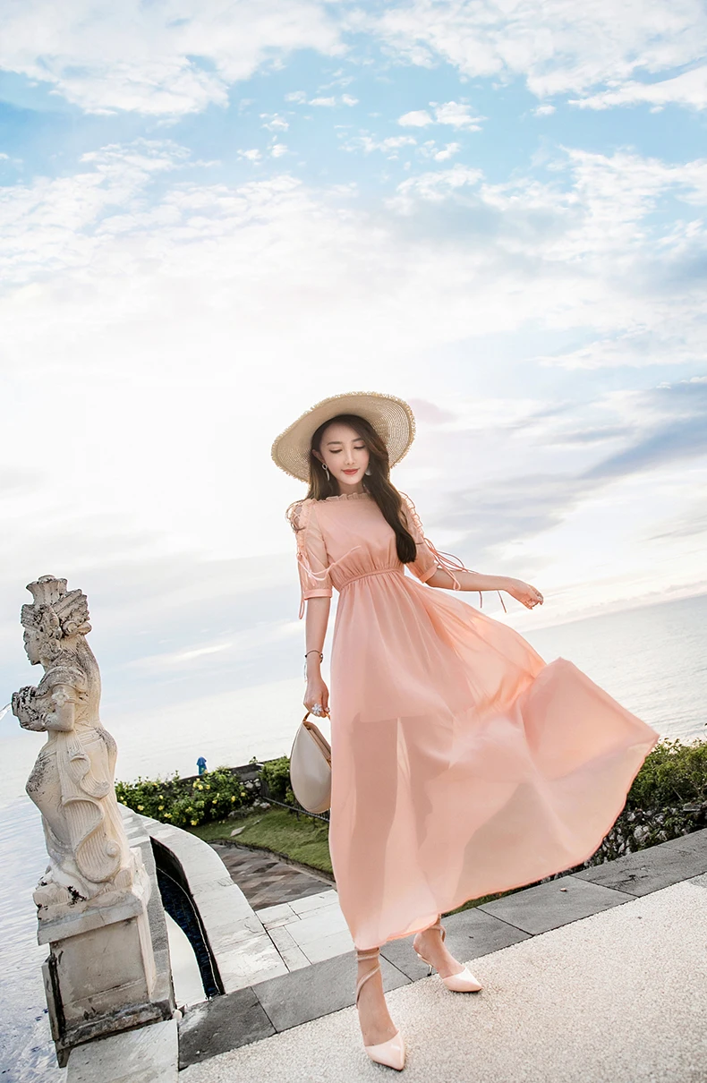 Summer New Women Chiffon Dress Brand Clothing Elegant Slim Temperament Ladies Long Dress Red Black Bohemia Beach Lady Dress