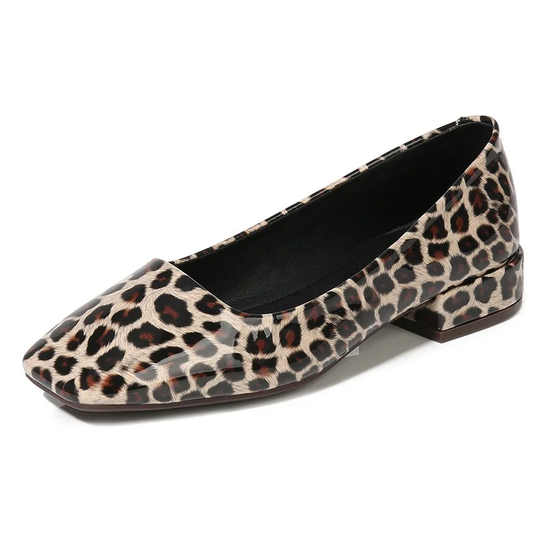 

2019 spring new fashion leopard pattern shallow mouth square head high heels women comfortable wild casual single shoes
