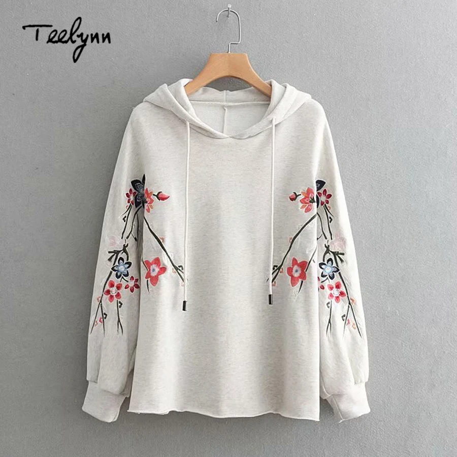 Teelynn boho Женщины с капюшоном трикотажные пуловеры сливы цветочной вышивкой