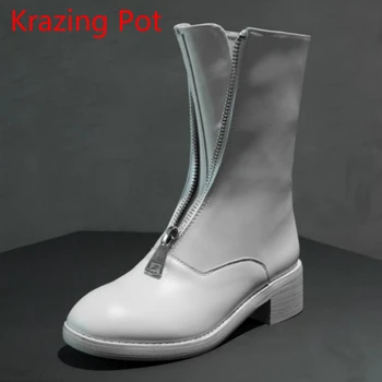 

2018 Runway Fashion Boots Genuine Leather Round Toe Classic Retro Thick Heel Zipper Women Chelsea Boots Party Mid-calf Boots L1c