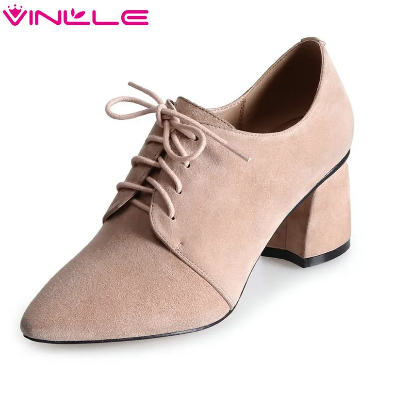 

VINLLE 2018 Women Pumps Square High Heel Pointed Toe Lace Up Genuine Leather Elegant Black Ladies Wedding Shoes Size 34-39