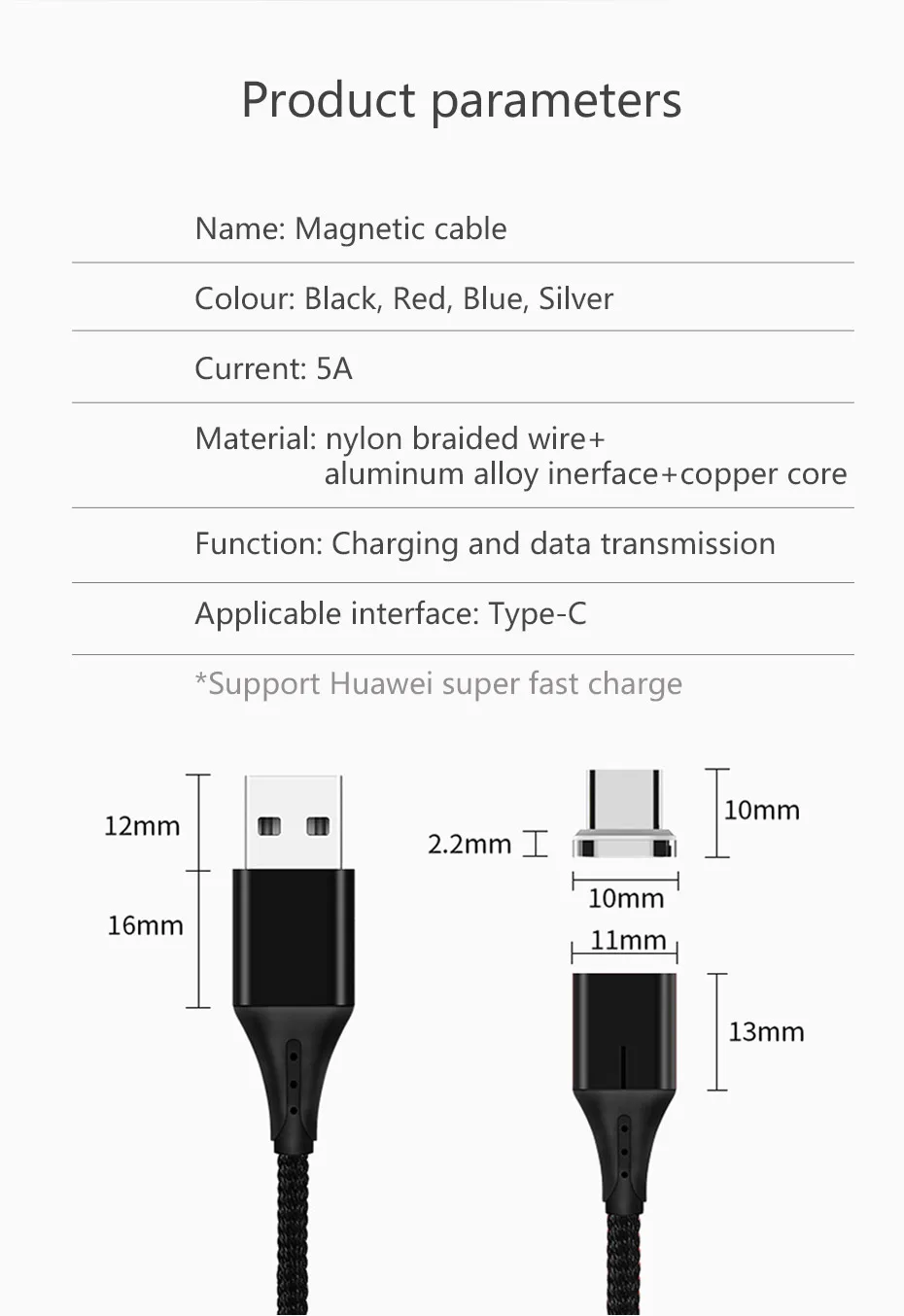 Rosinop 5A Super Charge Magnetic Cable For huawei p30 pro p20 USB Type C Cable For huawei mate 20 9 10 manyetik sarj kablosu