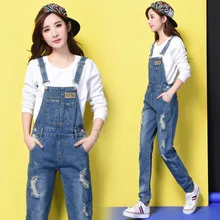 Женский Повседневный свободный джинсовый рваный комбинезон брюки на подтяжках весна осень карман отрегулировать прямые джинсовые длинные подтяжки брюки комбинезоны