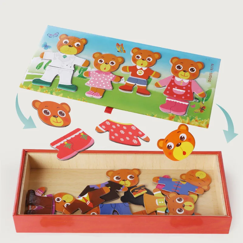 Игрушки для детей Мультяшные платья с медведем, одежда для пеленания, детское деревянное платье куклы-головоломка, развивающие игрушки для детей, подарок для девочек