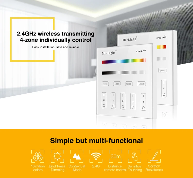 

Milight T3 AC220V 4-Zone RGB/RGBW and brightness dimming Smart Panel Remote Controller for led strip light lamp or bulb lights