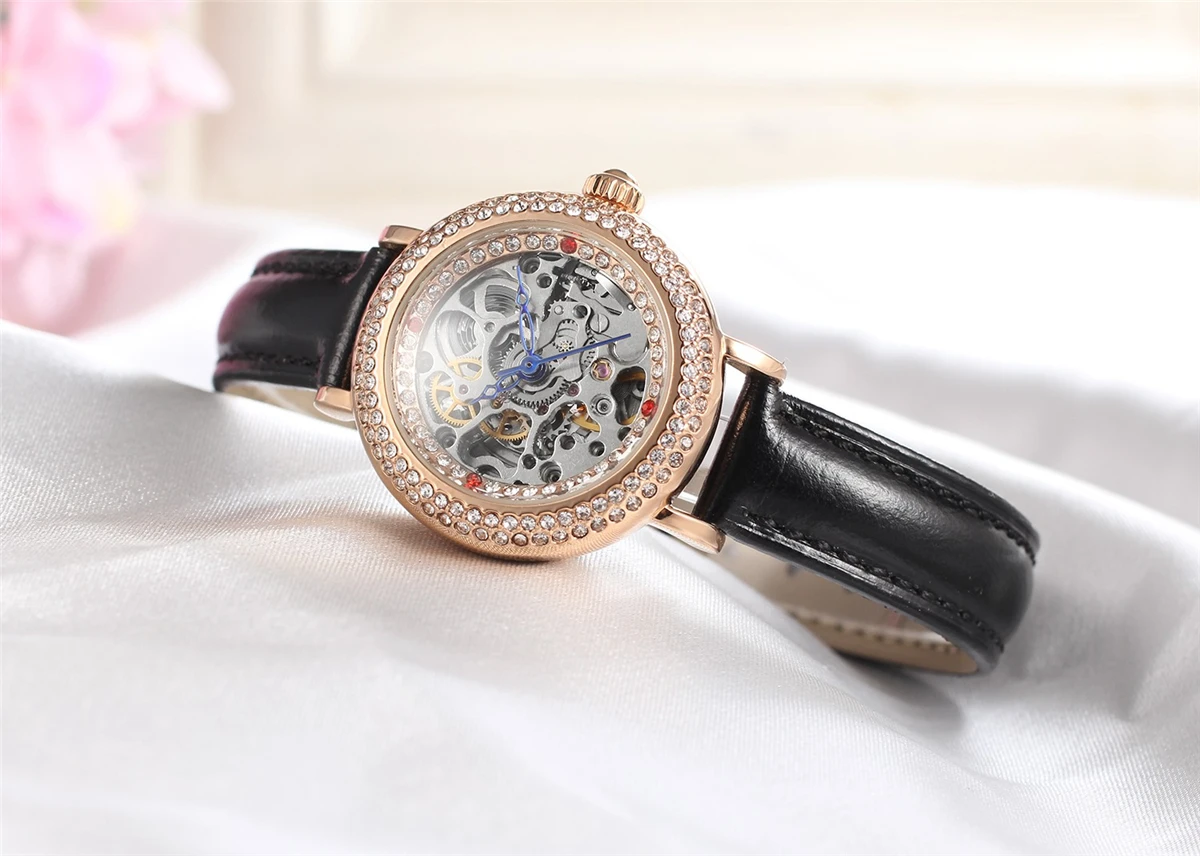 Forsining женские Часы наручные женские Лидирующий бренд роскошные золотые часы кожаный ремешок наручные автоматические механические скелетные женские часы