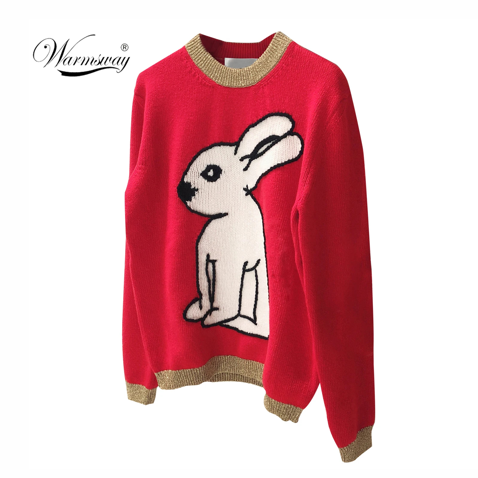 Women Cartoon Rabbit Pattern Knitted Red Gold Hem Pullovers Casual Cartoon Knit Jumper Tops Sweaters C-064