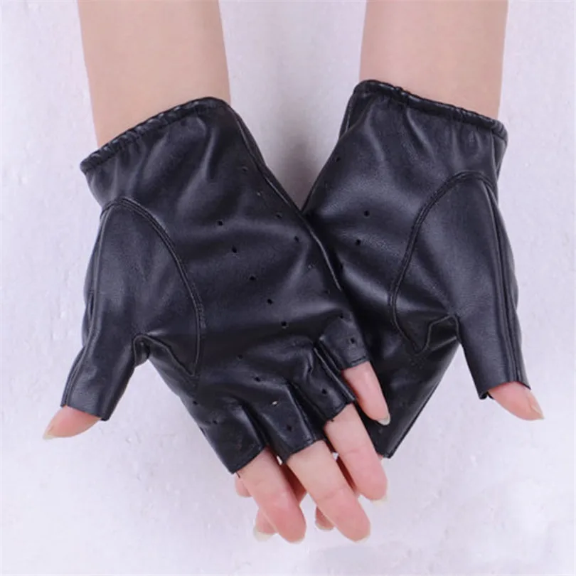 Fashion Women Half Finger Leather Gloves PU Fingerless Gloves Black