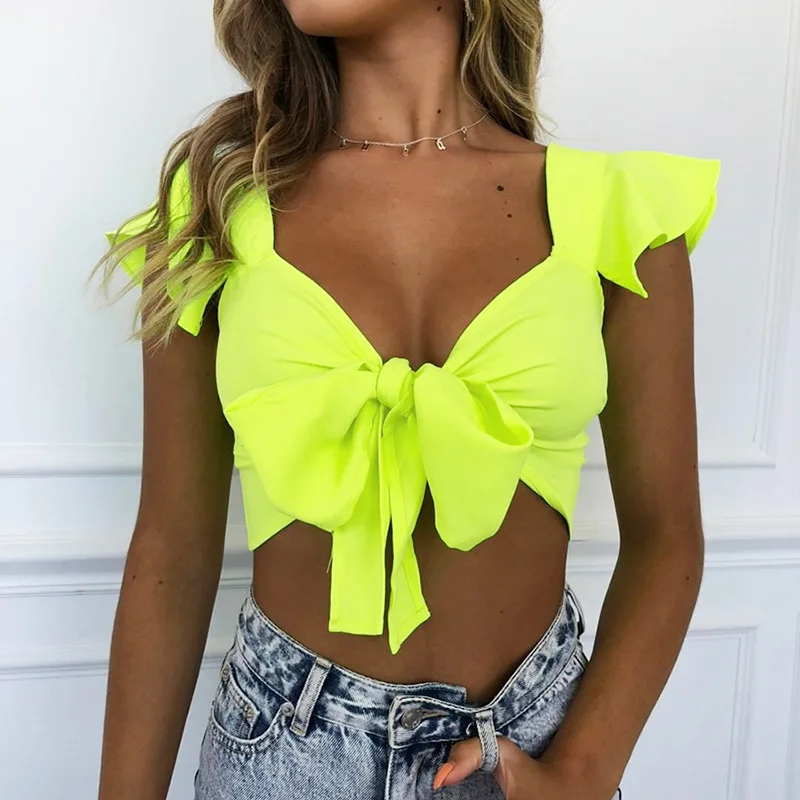 

Zmvkgsoa Sexy T Shirt Women Ruffles Short Sleeve Tie Bow Crop Top T-shirt Femme Tshirt Female Neon Tops Tee Y11507