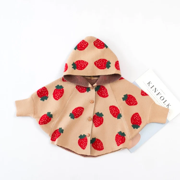 2089 Girls'sweater Jacket Autumn New Children's Cap Cape Cardigan Baby's Bat Knitted Sweater Jacket Cloak