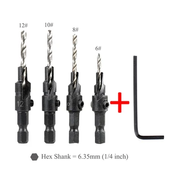 

4pcs HSS Countersink Drill Bit Set + Quick Change Hex Shank Screw #6 #8 #10 #12