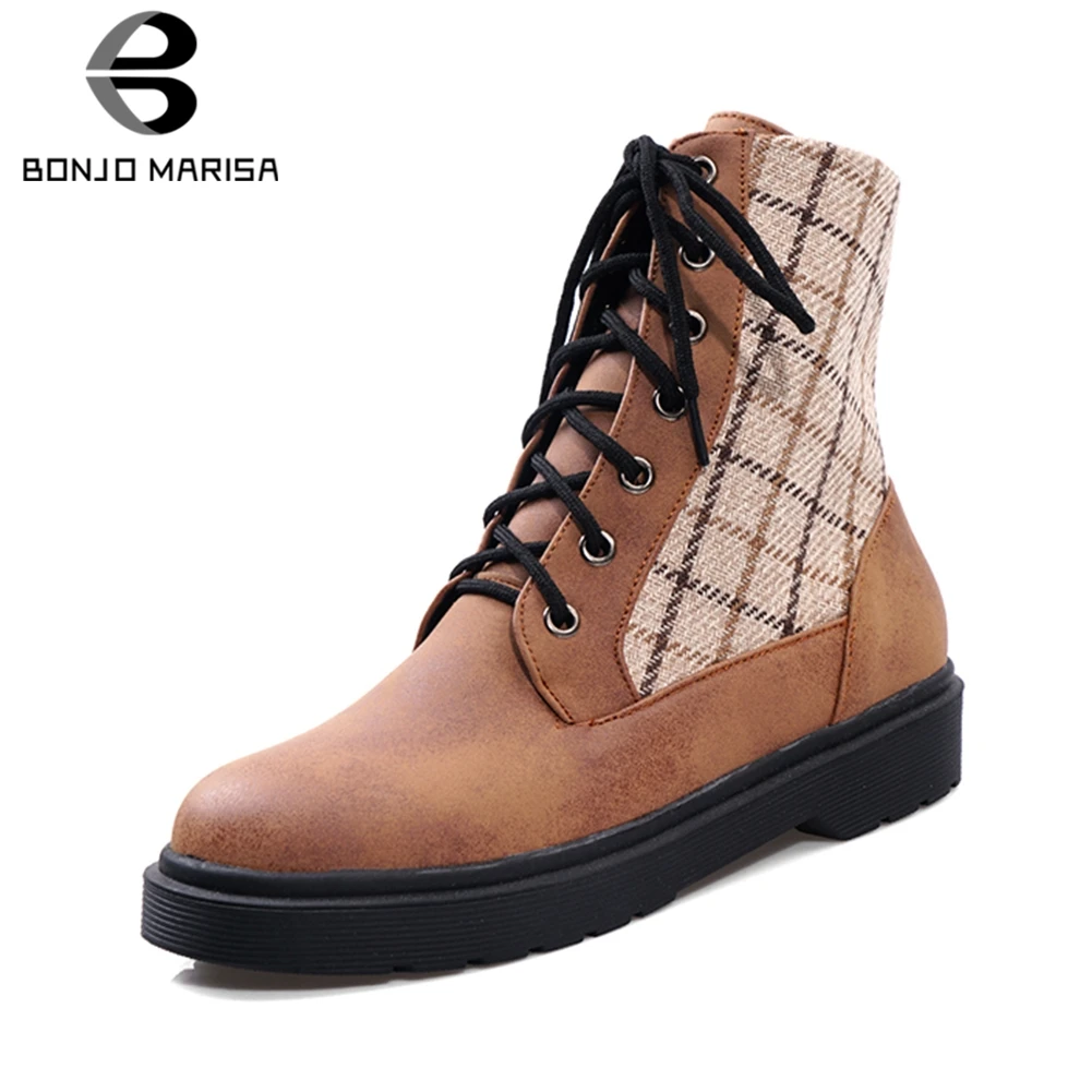 

BONJOMARISA 2019 Hot Sale Patchwork Booties Women 2019 Autumn Big Size 34-43 lace-up non-slip Ankle Boots Fur Shoes Woman