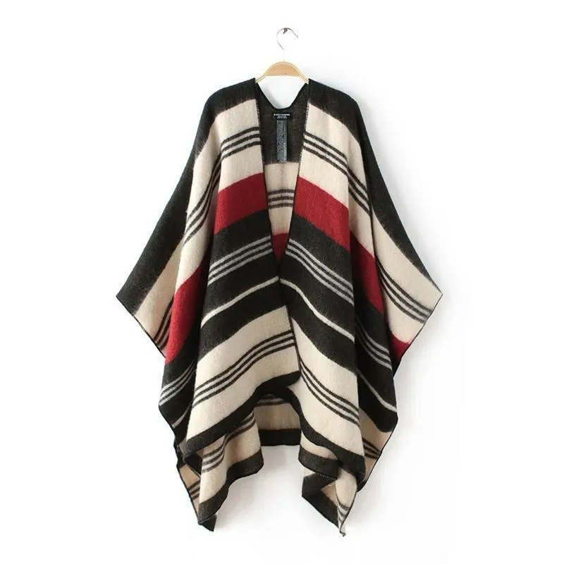 

New Autumn and Winter Warm Shawl Stripe Printed Open Fork Shawl Overlay in Europe and America
