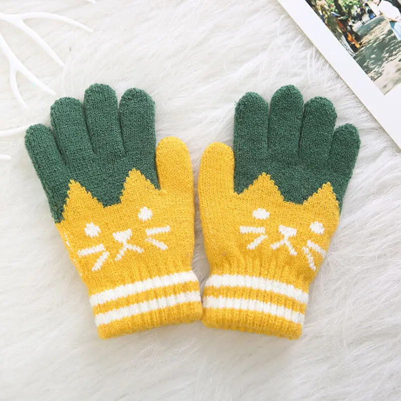 Детские милые перчатки, варежки, зимние теплые детские эластичные вязаные перчатки для девочек и мальчиков, толстые перчатки для малышей - Цвет: Цвет: желтый