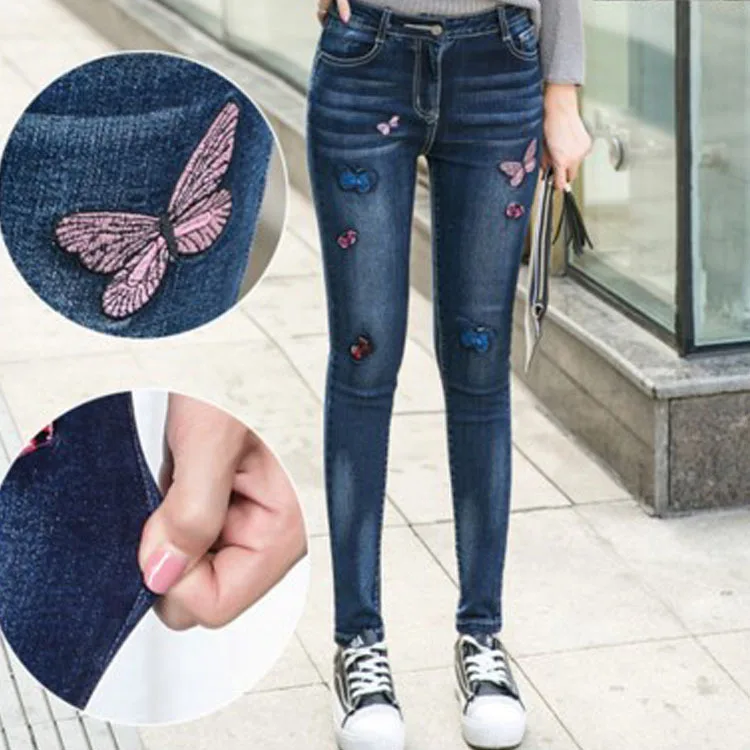 Новинка 2017 года Джинсы девушку жир узкие брюки-карандаш тонкий Вышивка
