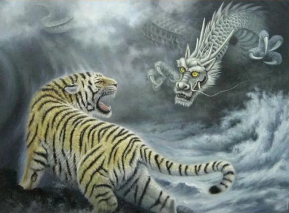 Handicraft Abstract Art Oil Painting:Dragon With Tiger Guaranteed-in