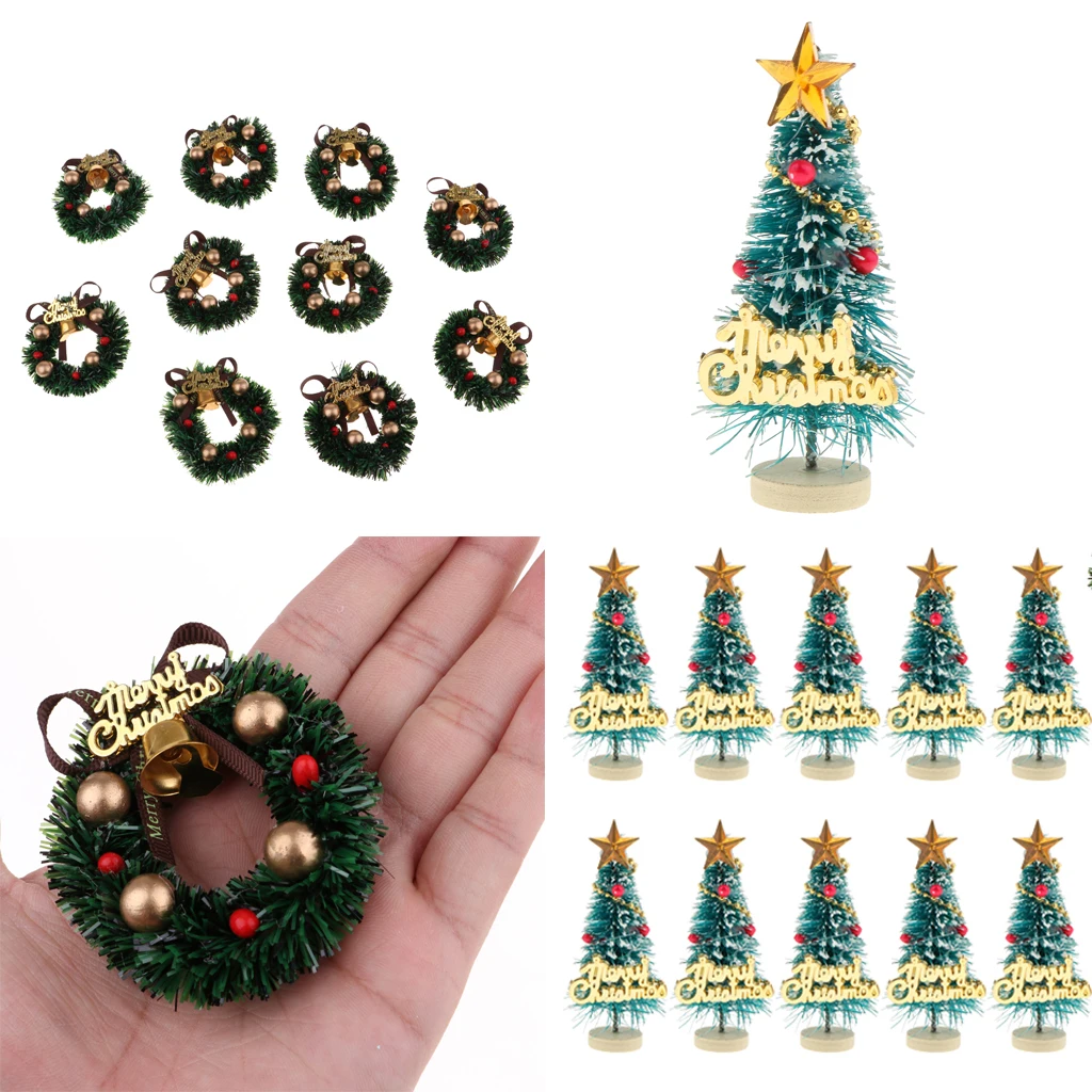Pack of 20 Pieces Miniature Hanging Christmas Tree & Xmas Wreath Ornaments - Dollhouse Door Decor Kids Pretend Play Toy
