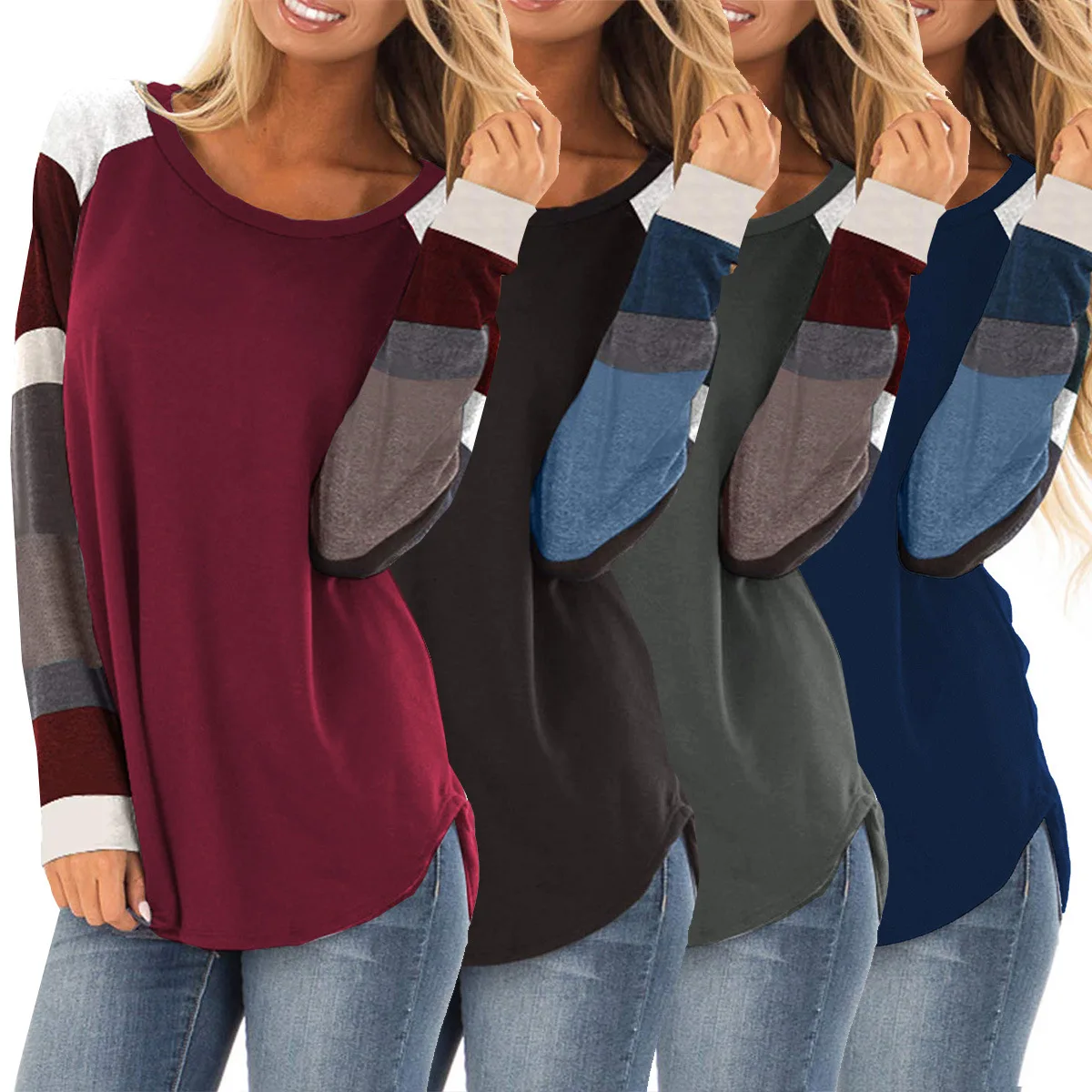 

2018 Europe style winter and autumn basic slim o-neck long sleeve t-shirt fashion patchwork color block female top Tees2