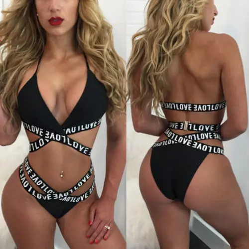

2019 Sexy Women Letter Corss Bandage Bikini Set Black Swimsuit Push-up Padded Bra Bathing Suit Female Halter Swimwear Beachwear