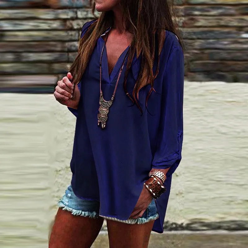 5XL Women Shirts Spring Summer Casual V-Neck Chiffon Blouse Female Top Camisa Feminina Long Sleeve Ladies Blouse Femme Plus Size