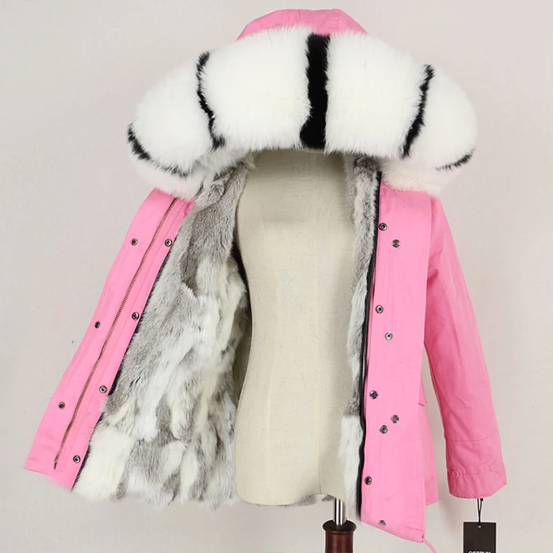 pink white stripe OFTBUY, зимняя женская куртка, пальто с натуральным мехом, парка с воротником из натурального меха енота, Толстая теплая подкладка из кроличьего меха, уличная одежда, новинка - Цвет: pink white stripe