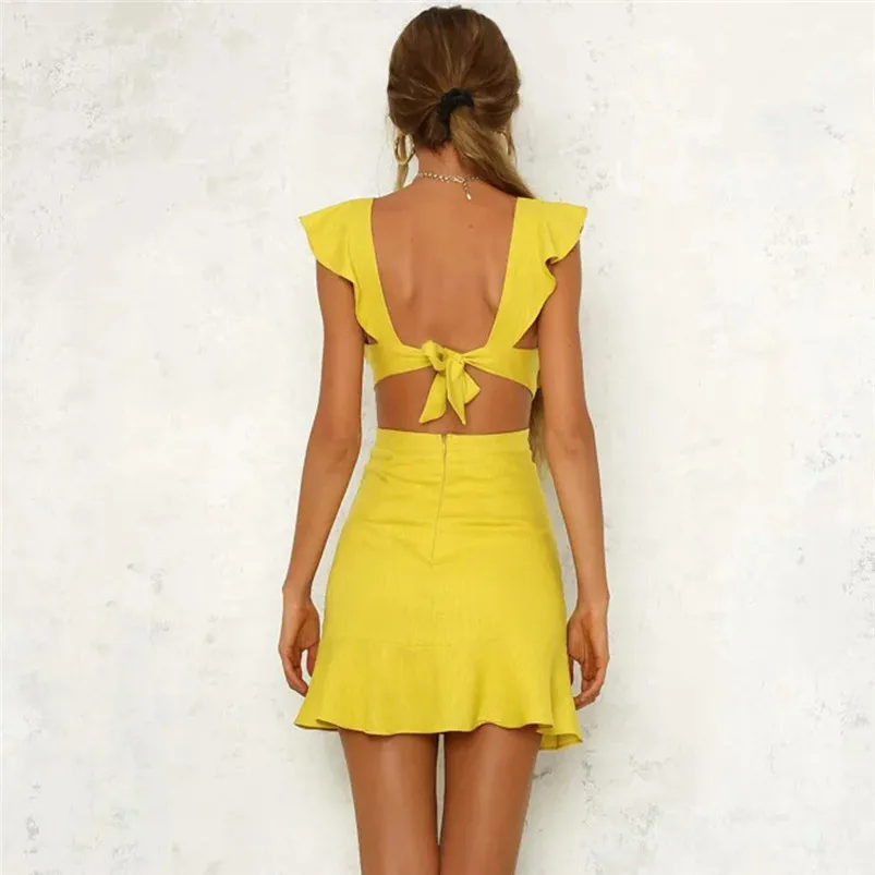 2018 HOT sell Dress summer beach dress Women Solid Short Sleeve Ruffles Backless Hollow Out Beach Boho Mini Dress vestido J08#N (29)