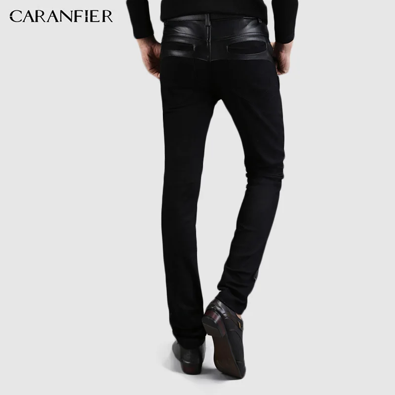 CARANFIER брюки брендовые зимние модные тонкие мужские кожаные брюки строчки для ночного клуба из искусственной кожи повседневные брюки плюс бархатные мужские брюки