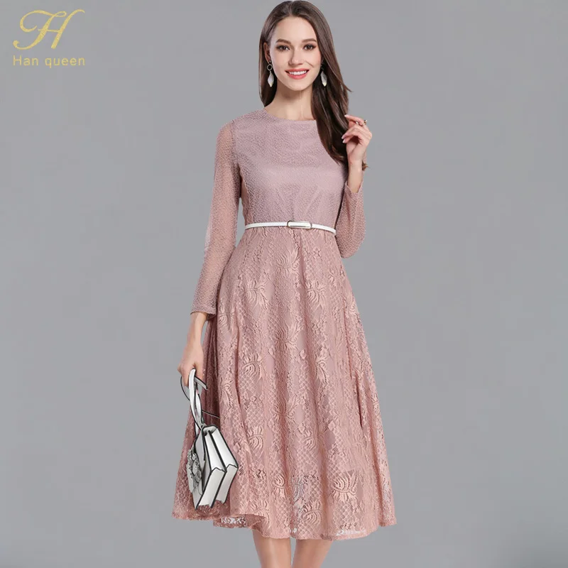 

H Han Queen hollow out lace dress runway vintage female elegant women long sleeve slim Sexy party dresses vestidos