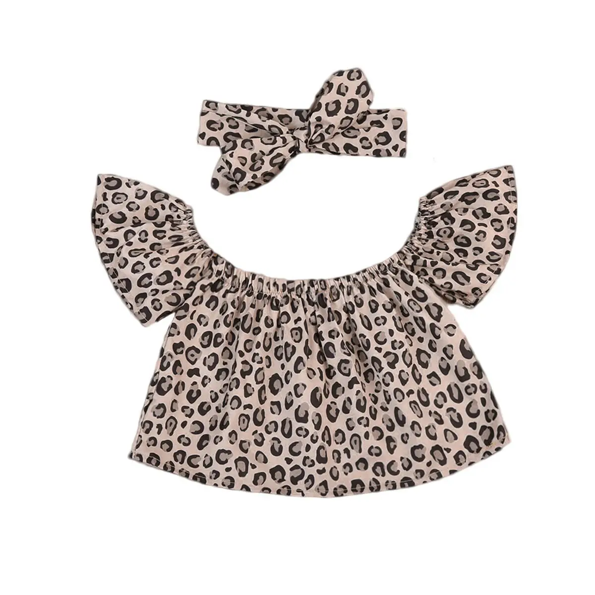 

Toddler Baby Girls Leopard 2PCS Kids Off-shoulder Top+Scarf Headband Outfits Set