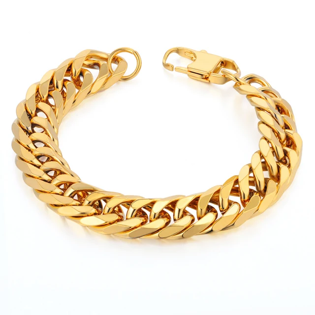 Mens Chain Link Bracelet 14mm Wide Stainless Steel Wrist Band Hand Mens Chain Link Bracelet 14mm Wide Stainless Steel Wrist Band Hand Gold Color Male Jewelry