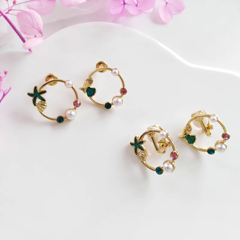 

Sweet Design Round Metal With Pink Green Glass Pearl Stud Earrings For Woman Jewelry