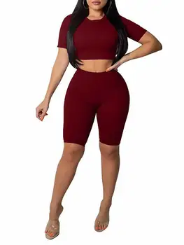 

Women Summer 2Pcs Set Crop Top and Shorts Pure Color Round Neck Casual High Wasit Fitness Bodycon Outfit Short Pants