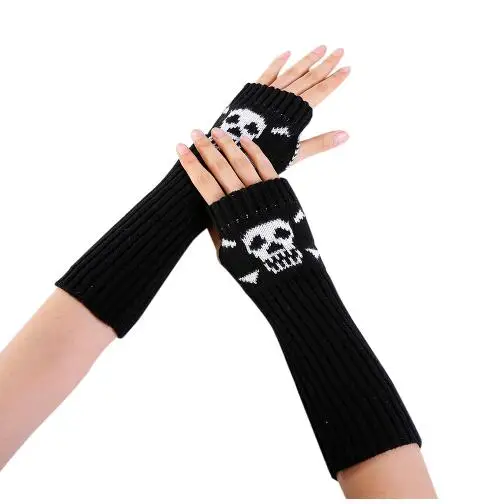 

Women Winter Wrist Arm Warmer Skull Knitted Long Fingerless Gloves Mitten