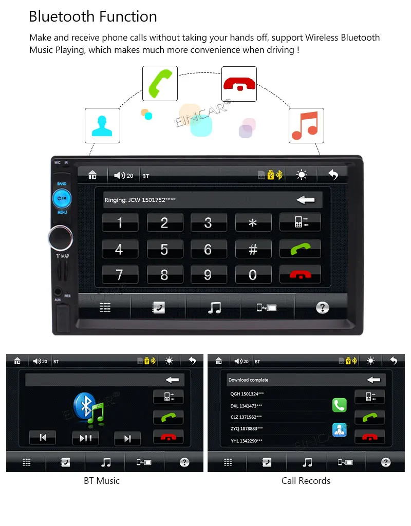 Eincar Double 2 Din 7 Inch Capacitive Touch Screen Car Stereo with High Resolution Support Bluetooth/Rear Camera Input/SWC/USB