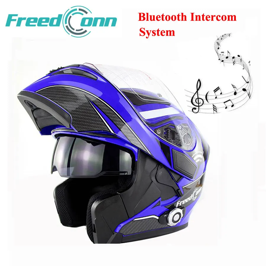 

FreedConn New Double Lens Bluetooth Motorcycle Helmet Built-in 1500m 8-way Full Duplex Bluetooth Intercom Flip Up Helmet Headset