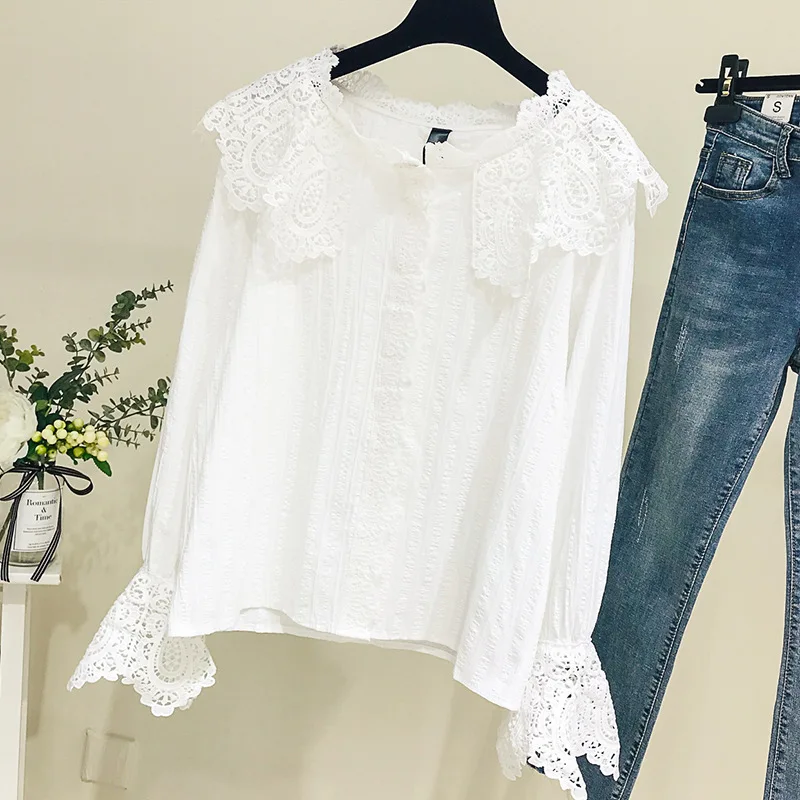 

Women White Lace Collar Shirt Blouse Lace Flare Sleeve Top Spring Autumn New Arrival Big Size Hot Sale