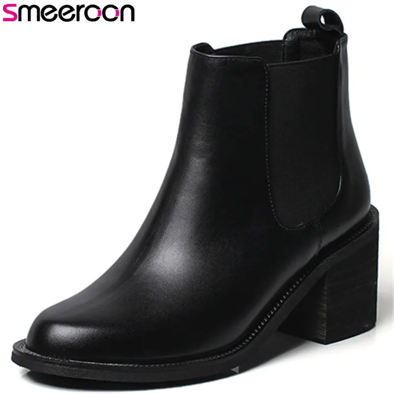 Goedkoop Smeeroon 2018 nieuwe collectie fashion herfst vrouwen laarzen hoge kwaliteit top lederen laarzen zip lage hakken enkellaars zwart