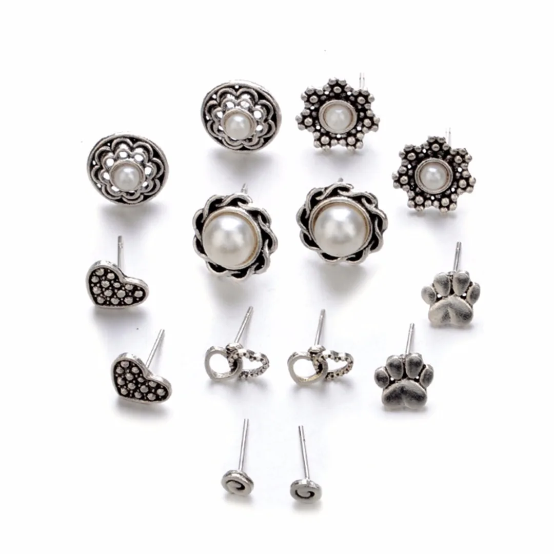 Punk Heart Pearl Flower Ear Stud Earring brincos Lovely Cat Dog Claw Print Earring Shellhard Antique Silver Jewelry 7 Pairs/Set