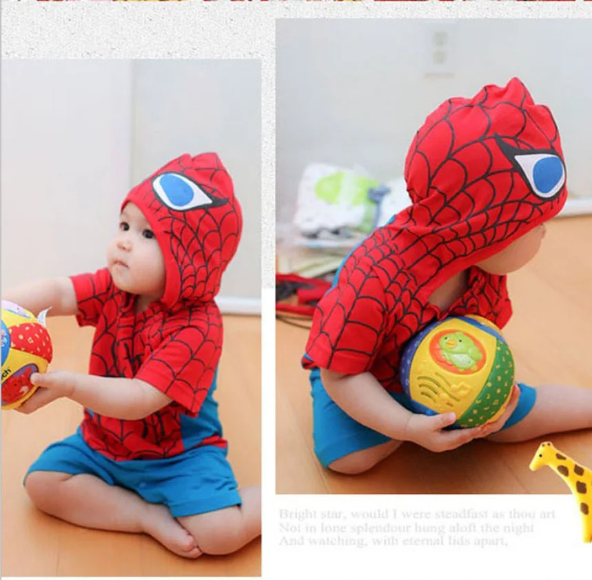 Летняя одежда для новорожденных мальчиков Детский костюм Человек-паук унисекс Детский комбинезон хлопок мультфильм животных комплект одежды