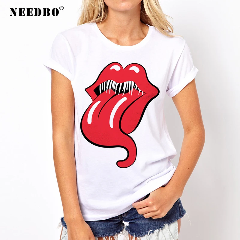 Женская футболка забавная Сексуальная Повседневная Femme Imprime Red Lips круглый вырез