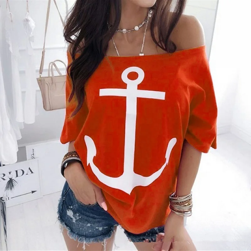 VIEUNSTA Sexy Slash Neck Print Blouse Shirt Women Summer Off Shoulder Batwing Sleeve Casual Tops Plus Size Loose Blusas Feminina
