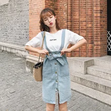 Женские джинсовые юбки на бретелях Лето Весна модные пуговицы карманы пояса до колена юбка для девочек повседневные классические синие джинсы Saia