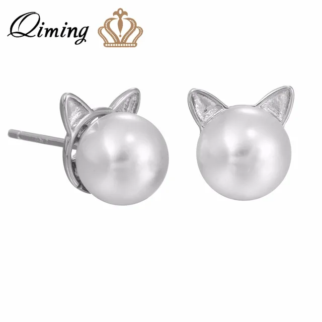 Qiming Women Elegant Pearl Earrings 925 Sterling Silver Lovely Qiming Women Elegant Pearl Earrings 925 Sterling Silver Lovely Freshwater Cat Kitty Stud S